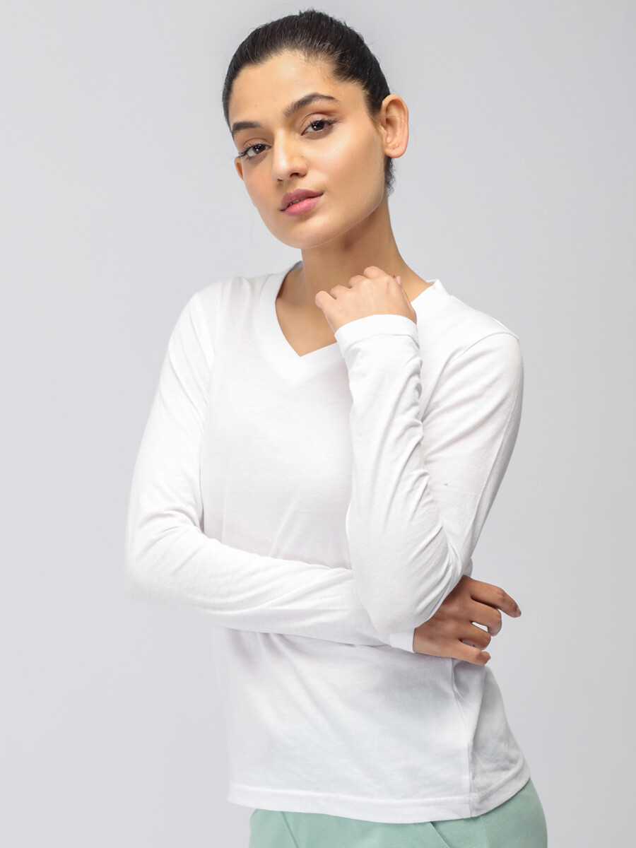 Women's White Basic Long Sleeve V-Neck Tee