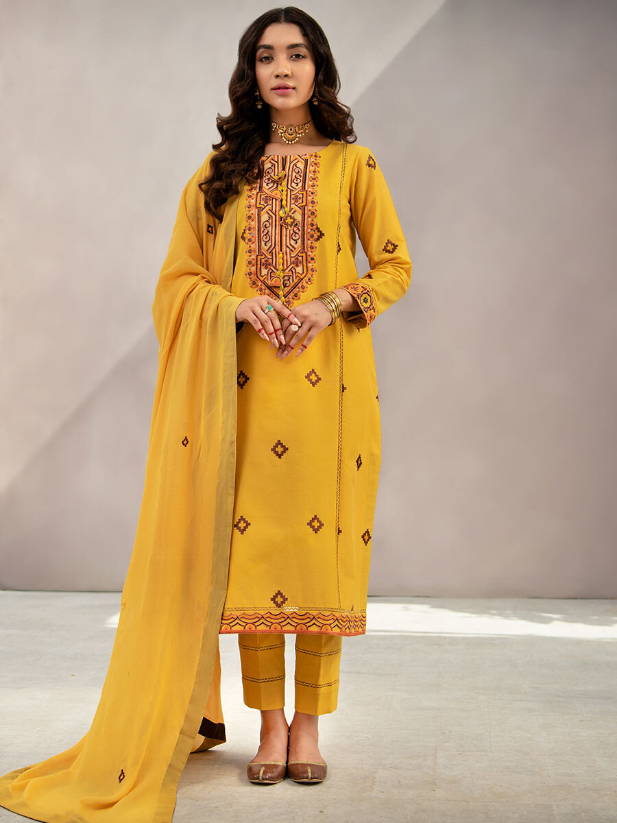 Women Pukhraj Yellow Embroidered 3 Piece Lawn Suit