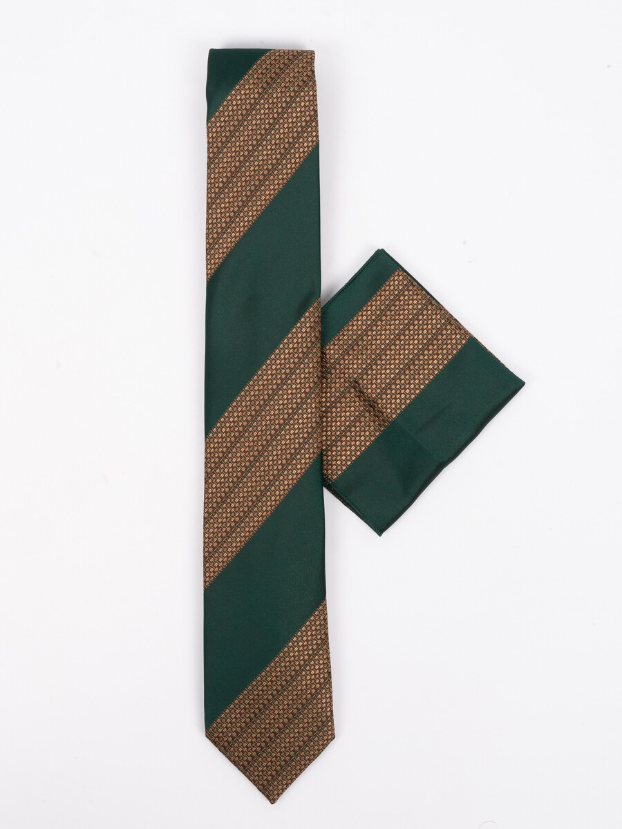 Men Square Green Brown Self Stripes Tie & Pocket