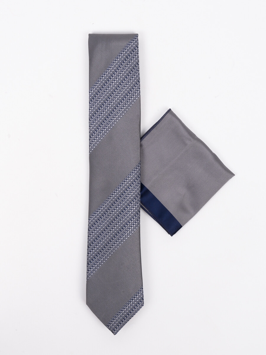 Men Square Grey Self Grey Stripes Tie & Pocket