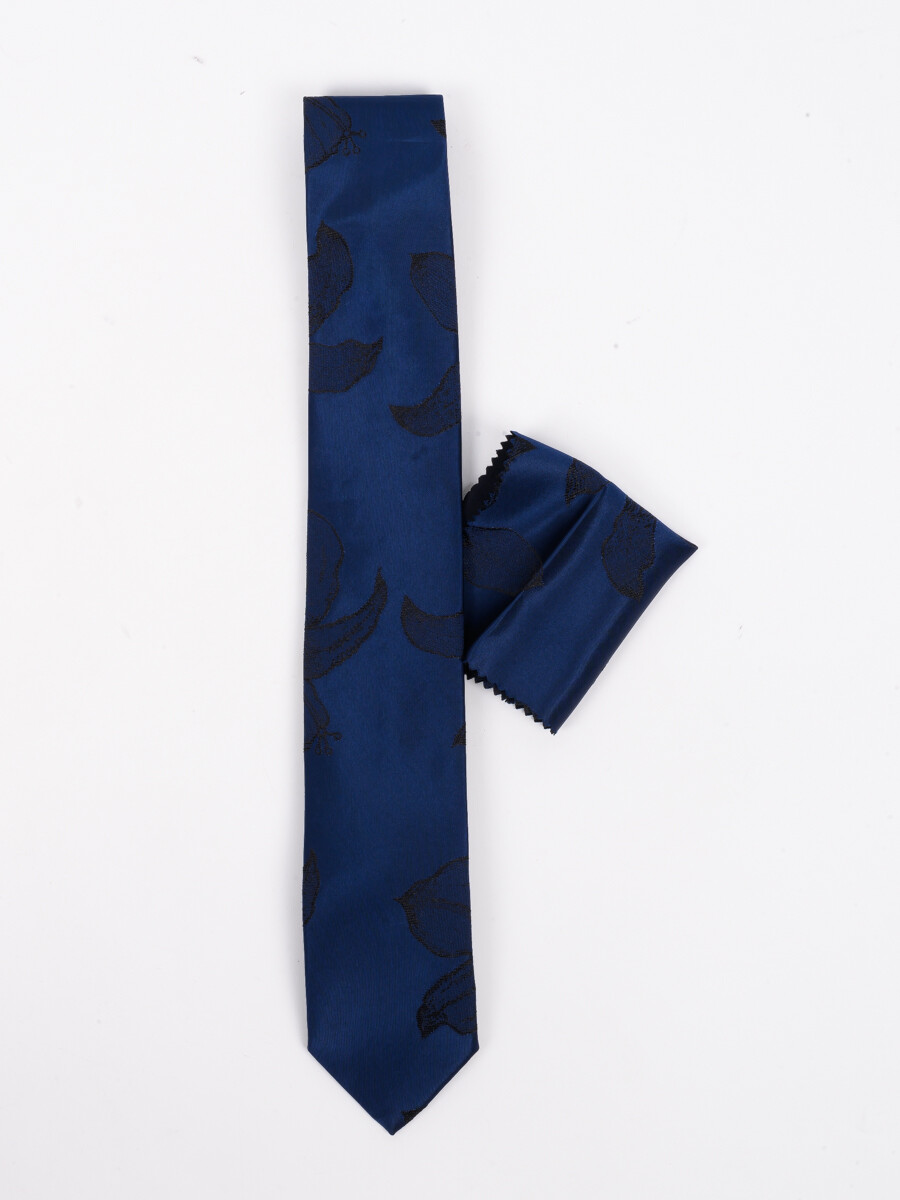 Men Square Navy Black Leaf Pattern Tie & Pocket