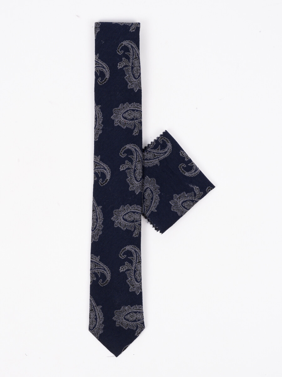 Men Square Dark Navy Paisley Print Tie & Pocket