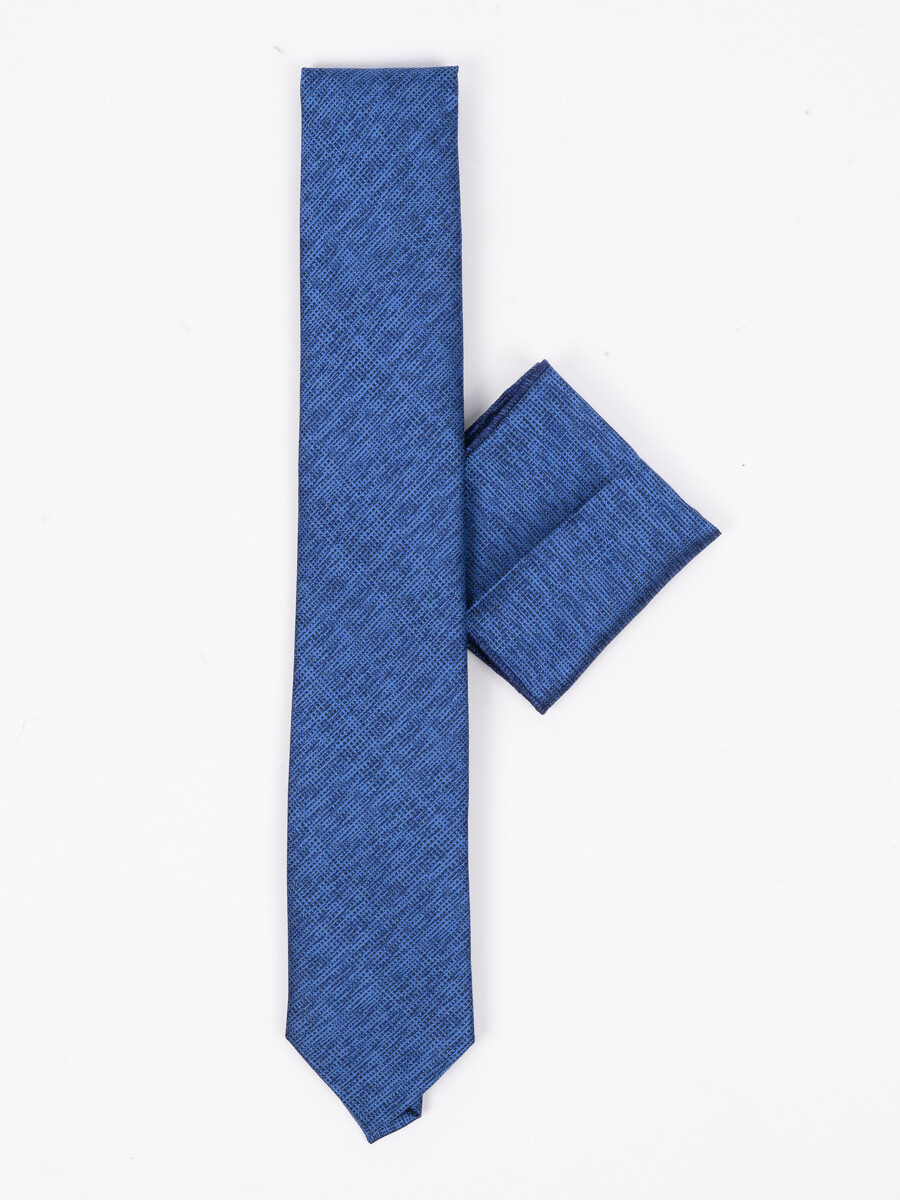 Men Square Blue Black Self Herringbone Tie & Pocket