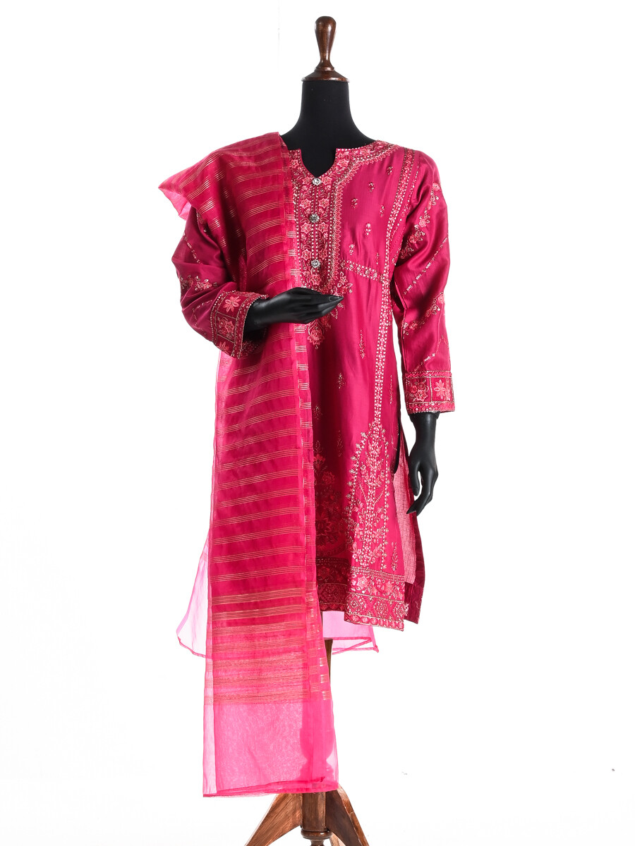 Women Dark Pink Formal Pret Dobby Cotton 3 Piece Dress