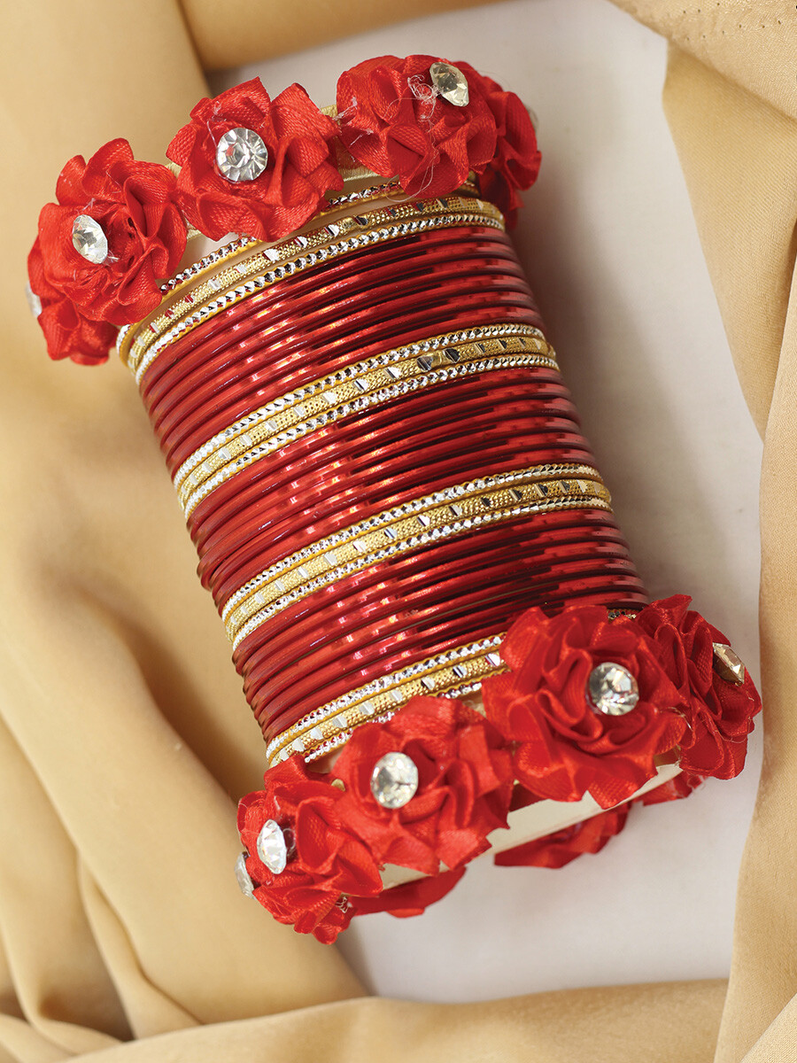 Floral Red & Golden Metallic Bangles Set