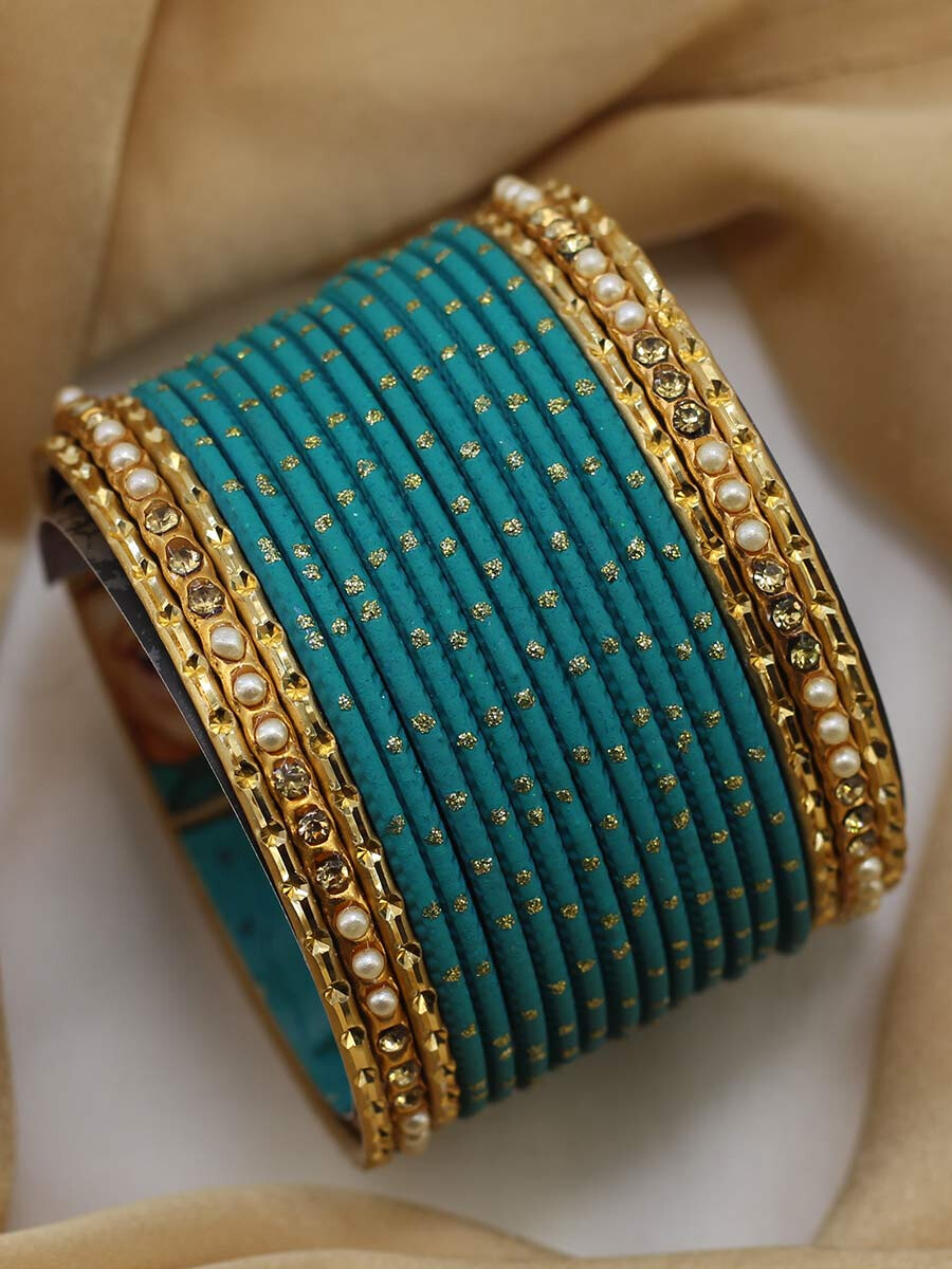 Eye-Catching Pearl Sea Green Golden Metallic Bangles For Ladies