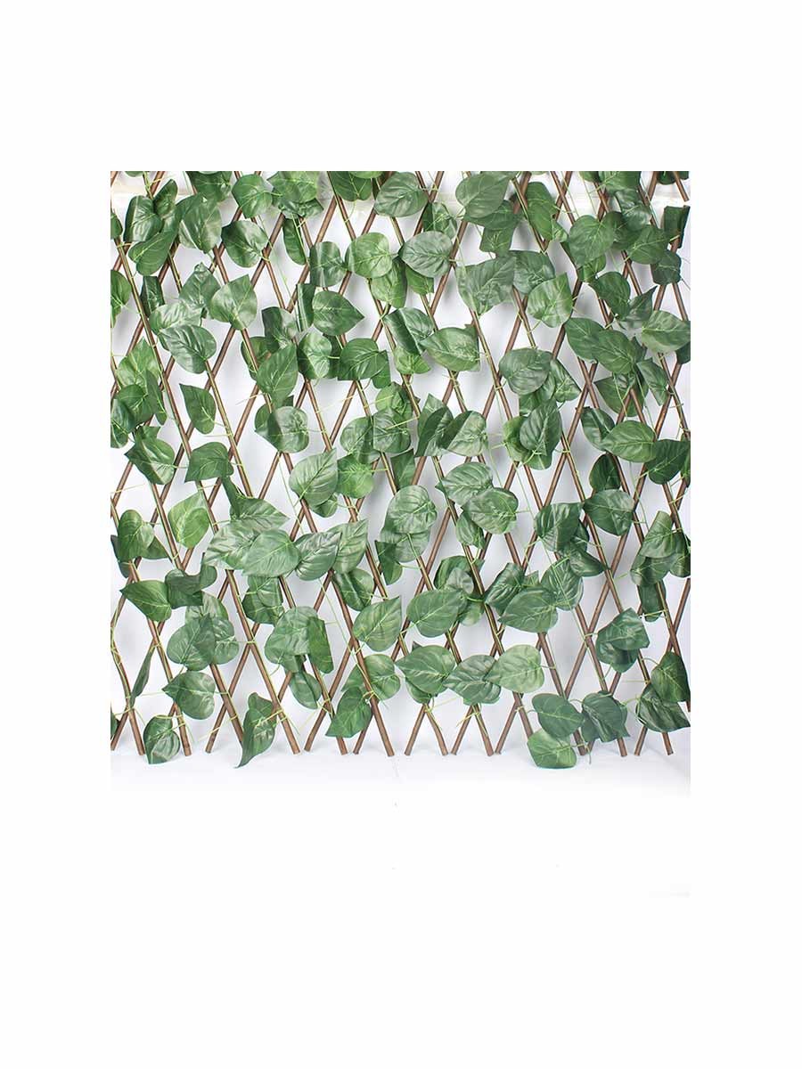 EXPANDABLE GREEN GARDEN FENCE WITH ARTIFICIAL LEAVES AND WOODEN FRAME LARGE