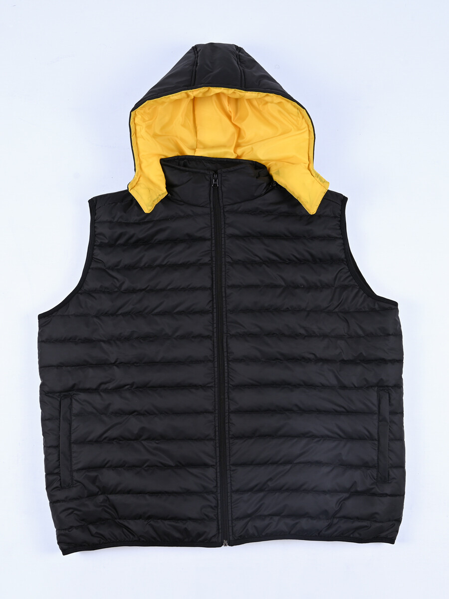 Black/Yellow Detachable Cap Sleeveless Puffer Gilet Jacket