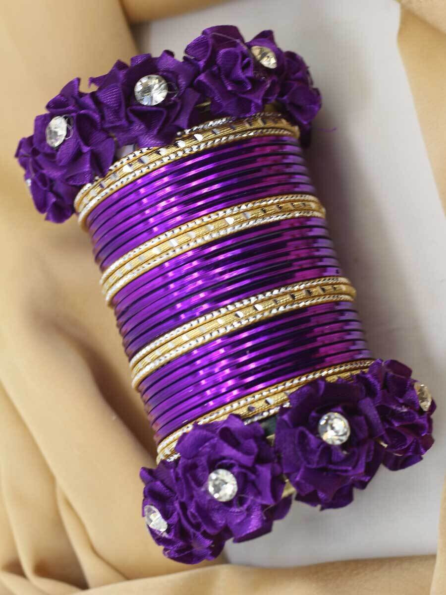 Floral Purple & Golden Metallic Bangles Set