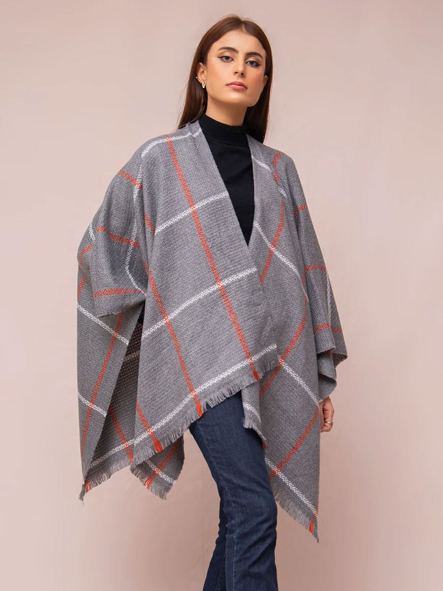 Women Gray & Orange Linings Cape Shawl