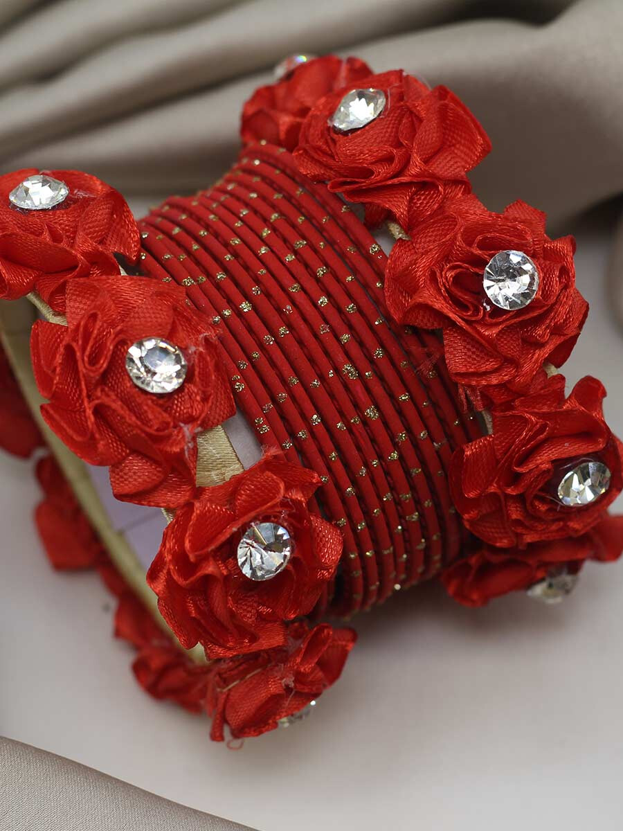 Women Floral Red Metallic Bangles Set
