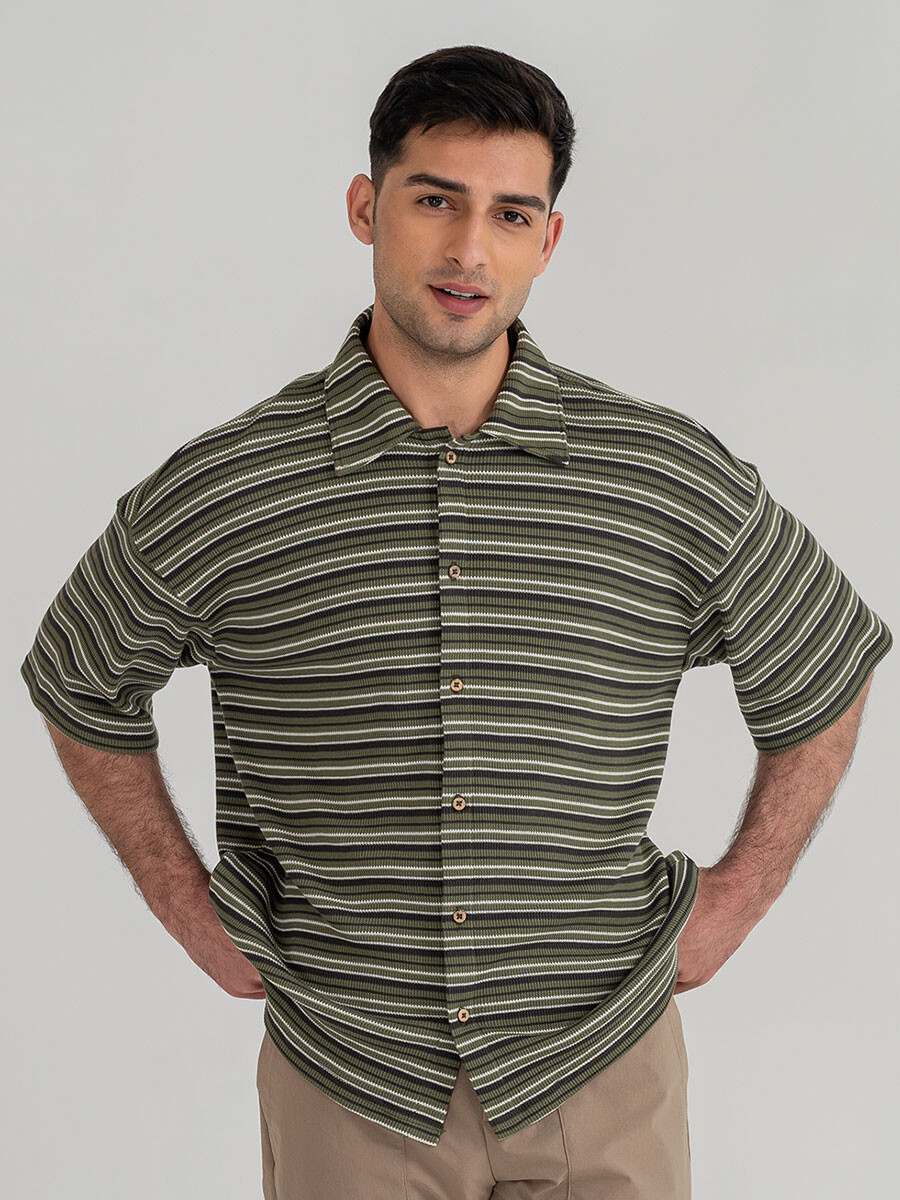 Men's Olive Waffle Striped Shirt