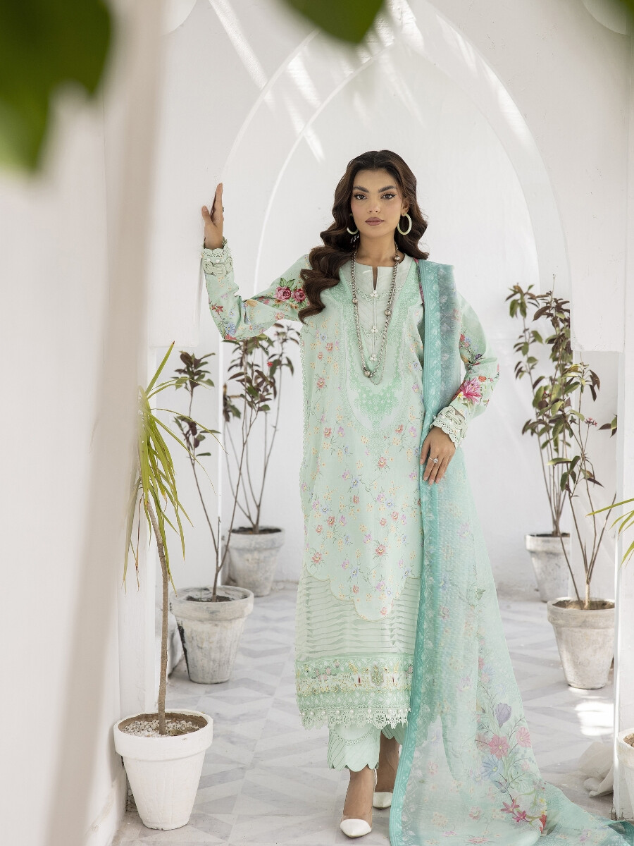 Women Mint Bloom Unstitched Three PCs Suit