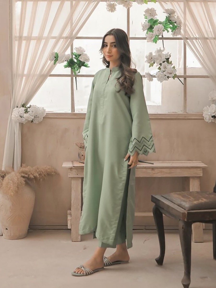 Women Apple Green Embroided Two Piece Dress