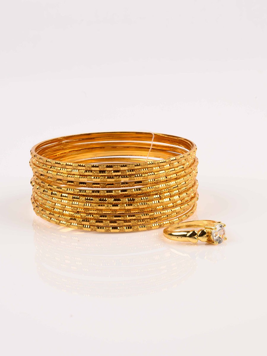 Glimmery Gold Plated Bangle Set Of 12 with Zircona Ring