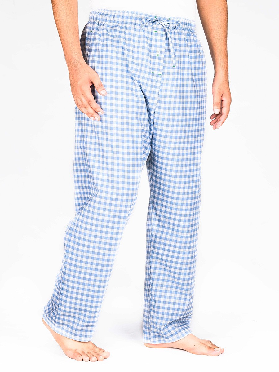 Buy Hueman Men Blue Light Blue Check Cotton Blend Relaxed Pajamas Men Nightwear Pajamas for