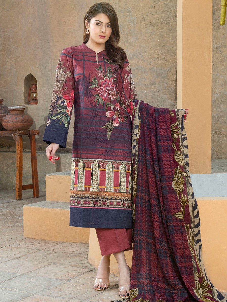 Multi Colored Embroidered Winter Cotton 3 Piece Suit