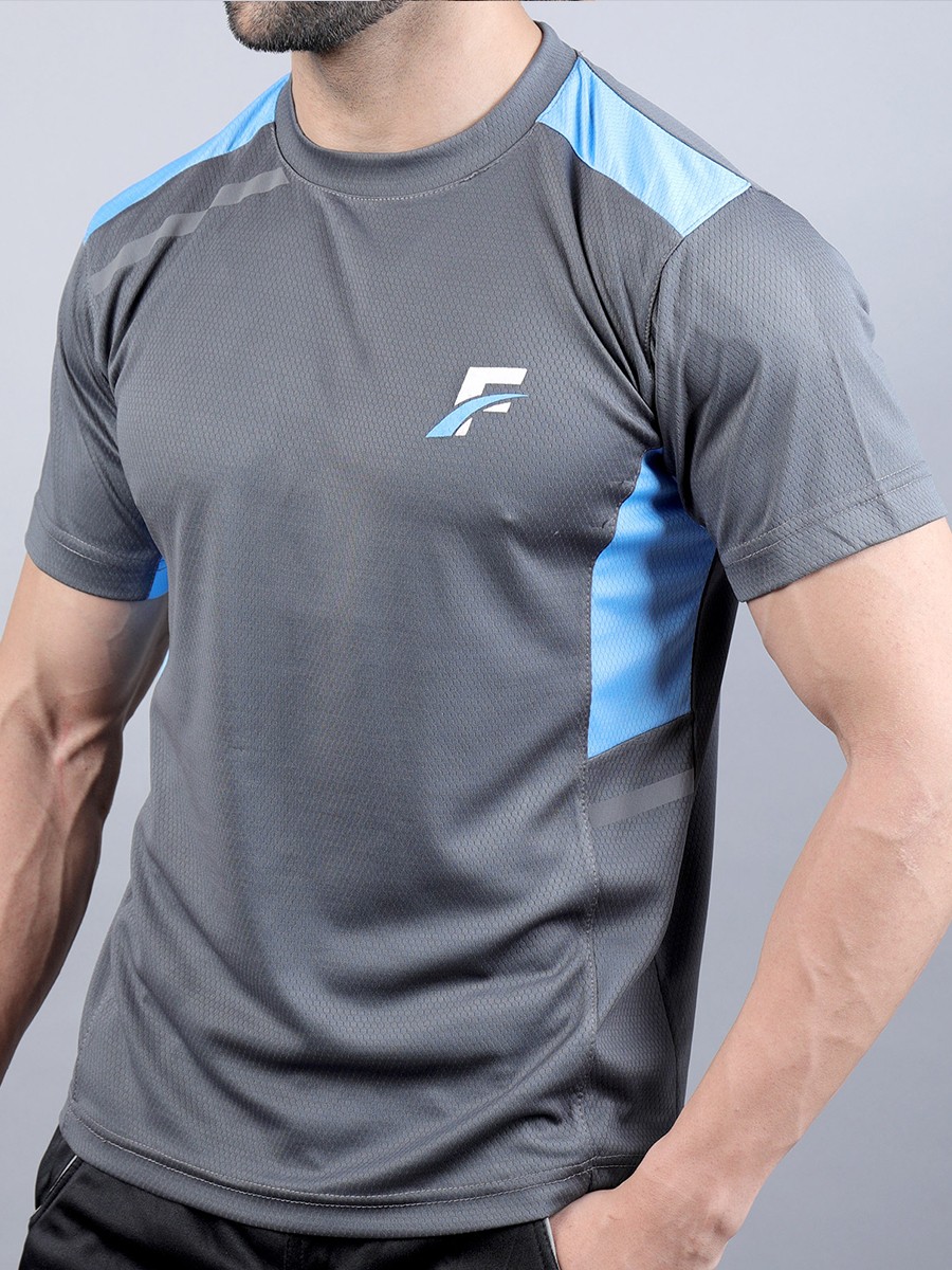 Grey/Sky Blue Athletic Fit Men's T-Shirt
