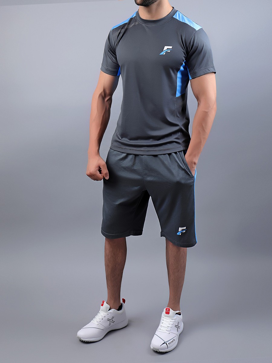 Grey/Sky Blue Athletic Fit T-Shirt & Shorts