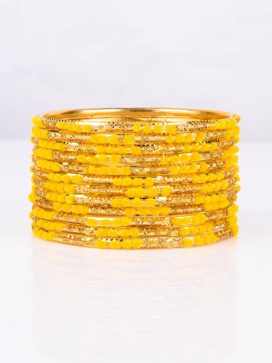 Yellow Embedded Velvet Aluminium Bangles (12 Pieces Set )