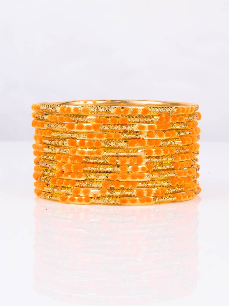 Orange Embedded Velvet Aluminium Bangles (12 Pieces Set )
