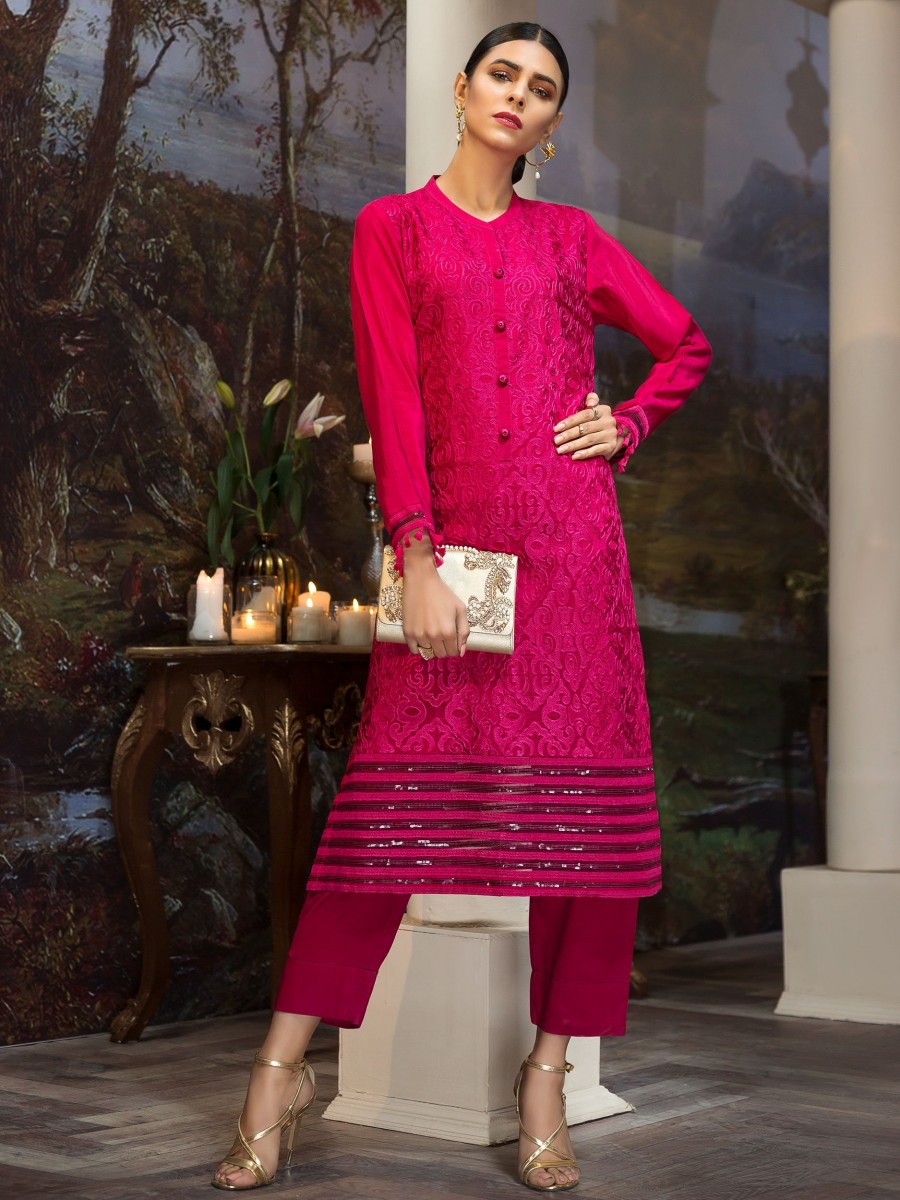 Fuchsia Embroidered Raw Silk  Unstitched Shirt for Women