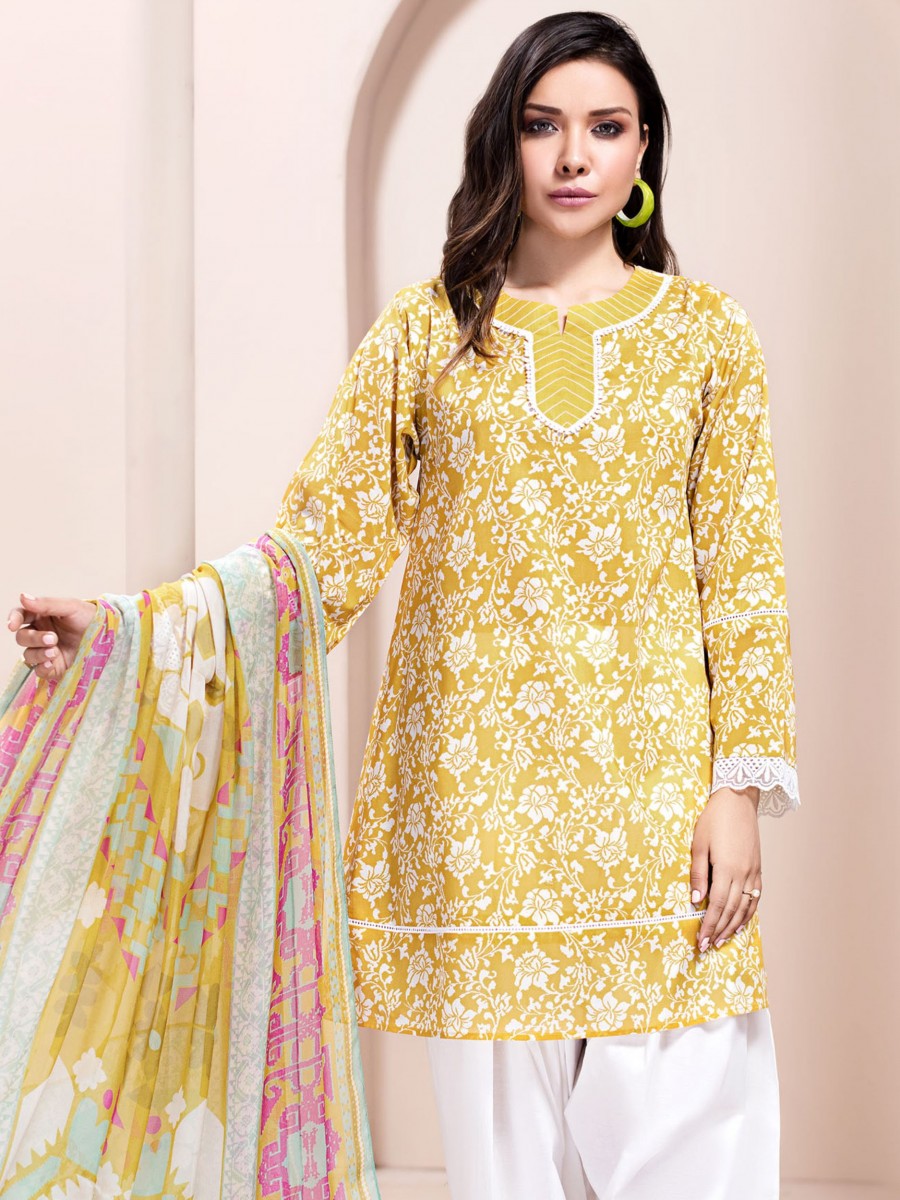 Yellow Printed 2 Piece Unstitched Lawn Suit for Women