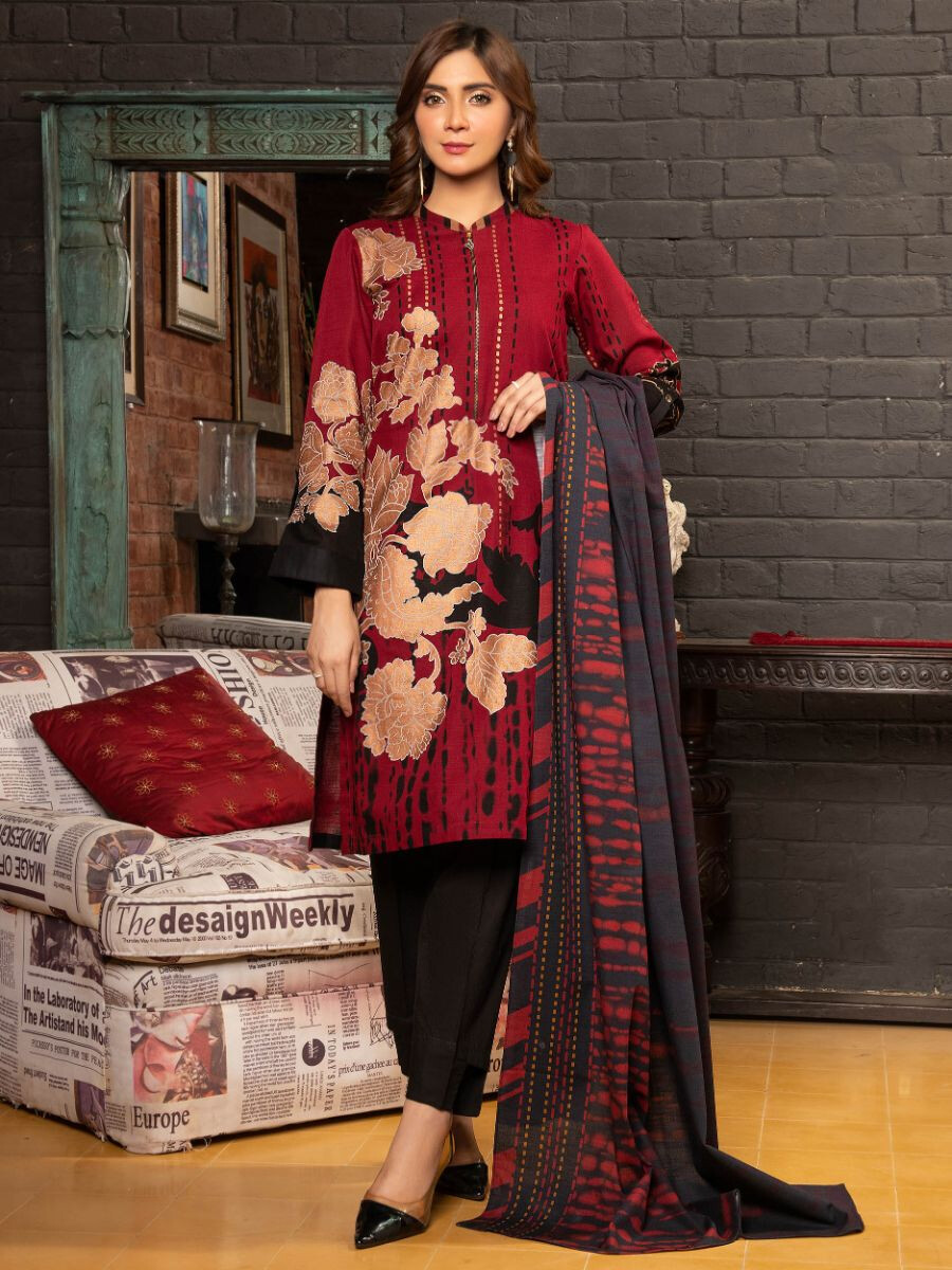 Maroon Printed Slub Khaddar Unstitched 2 Piece Suit for Women