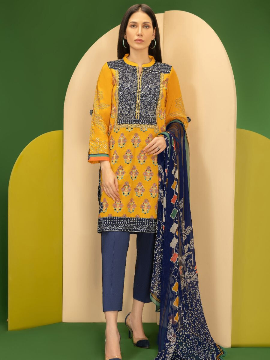 Ochre Printed Cambric Unstitched 2 Piece Suit for Women