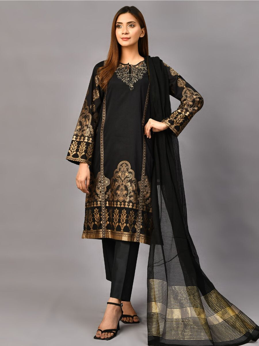 Black Embroidered Jacquard Stitched 2pcs Suit for Women