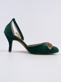 Women Velvet Ankle Strap Fancy Green Heeled Pumps