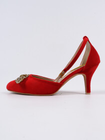 Women Velvet Ankle Strap Fancy Red Heeled Pumps