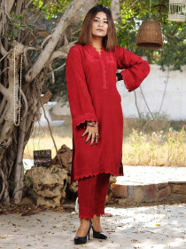 Dastan Skin & Red Classic Raw Silk Suit