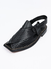 Men Black Designed Leather Peshawari Chappals