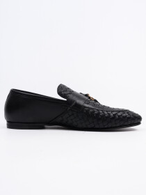 Men Black Tasseled Snake Skin Pattern Shoes