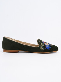 Women Peacock Patched Green Flat Pumps