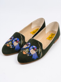 Women Peacock Patched Green Flat Pumps