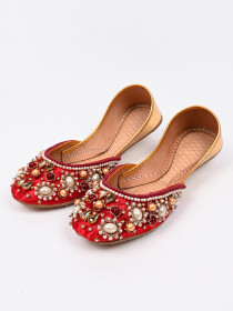 Women Beads Embellished Fancy Red Khussa