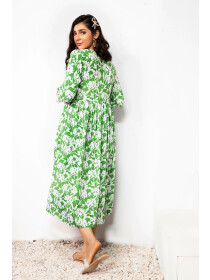 Crepe Linen Green Floral Dress