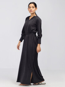 Women's Black Melange Long Sleeve Belt Dress