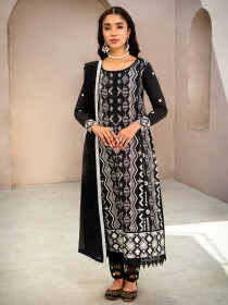 Women Black Aqeeq Embroidered 3 Piece Lawn Suit