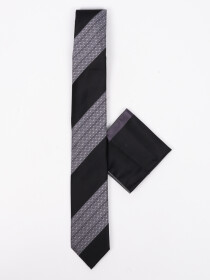 Men Square Black Grey Stripes Tie & Pocket