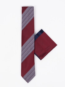 Men Square Maroon White Stripes Tie & Pocket