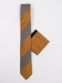 Men Square Mustard Brown Self Stripes Tie & Pocket