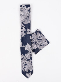 Men Square Navy White Leaf Pattern Tie & Pocket