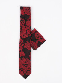 Men Square Maroon Brown Leaf Pattern Tie & Pocket