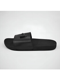 Men Hand-Crafted Leather Black Tassel Slides