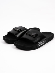 Men Black Leather Bow Style Slides