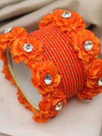 Women Floral Orange Metallic Bangles Set