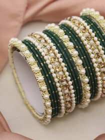 Women Green Elegant Pearl Mat Bond Bangles Set